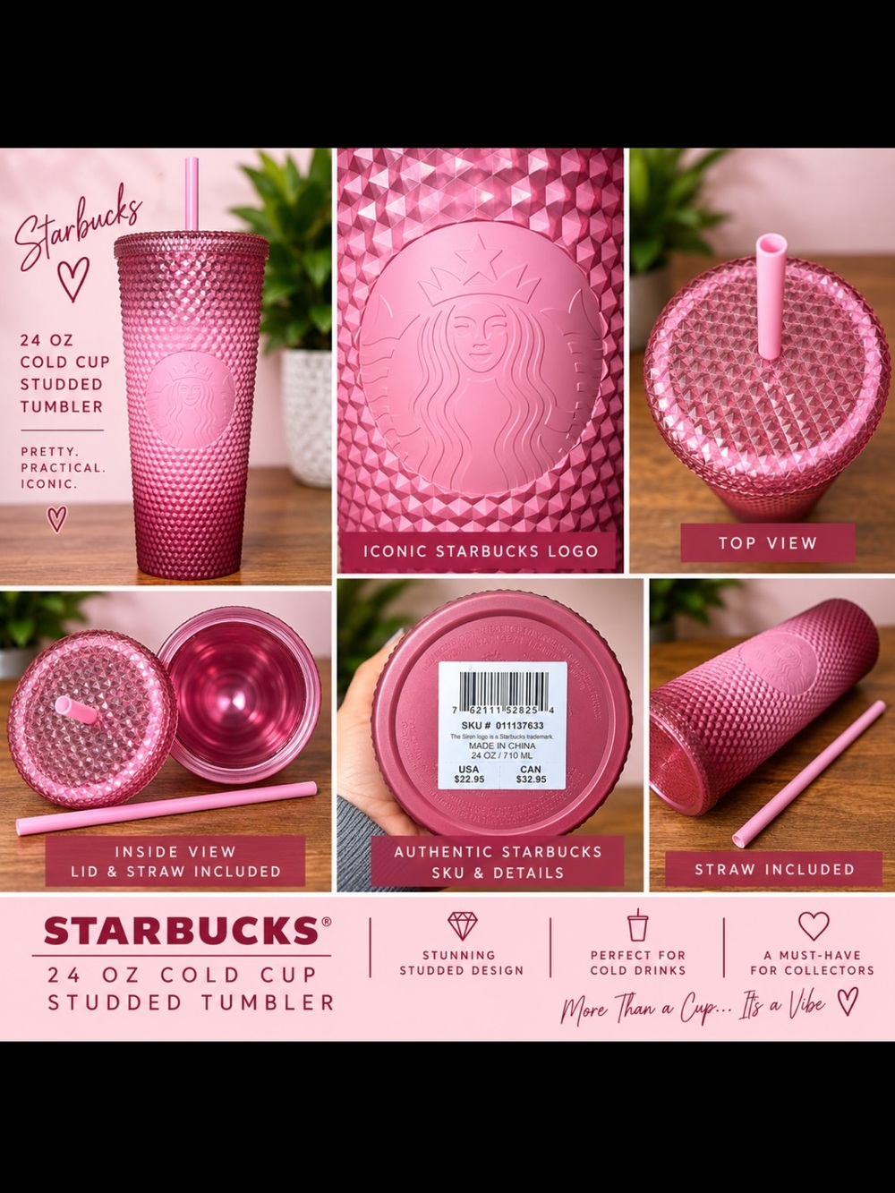 Starbucks Pink Studded Cold Cup Tumbler with Straw - Metallic Pink
